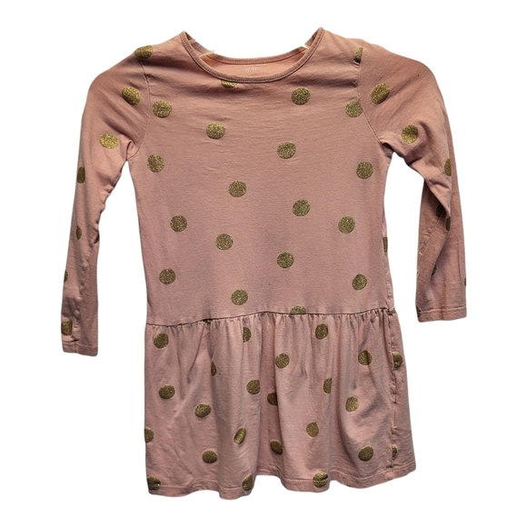 H&M Kids Pink Long Sleeved Ruffle Dress with Gold Polka Dots - Size 7-8 M - Picture 1 of 4